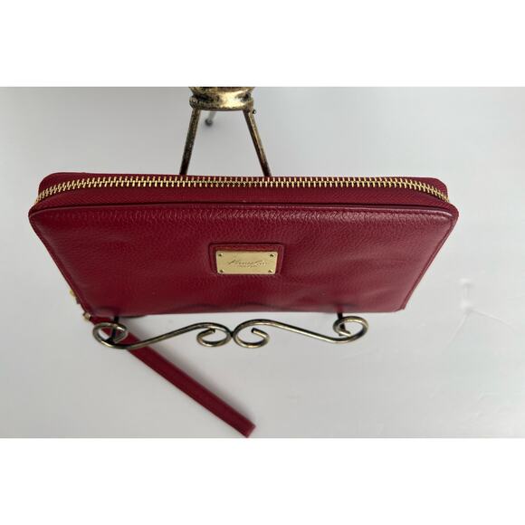 Kenneth Cole NY Dark Red Pebble Leather Zip Around Clutch Wallet Wristlet - Picture 2 of 12
